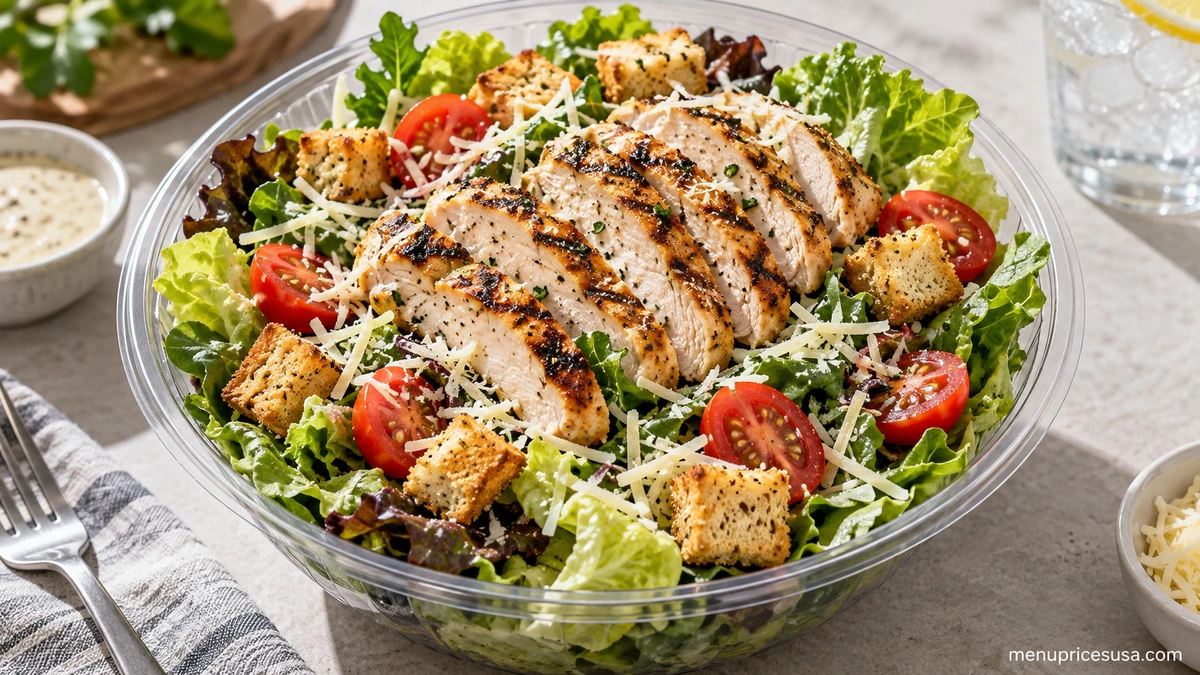 Firehouse Subs salad topped with grilled chicken and fresh vegetables
