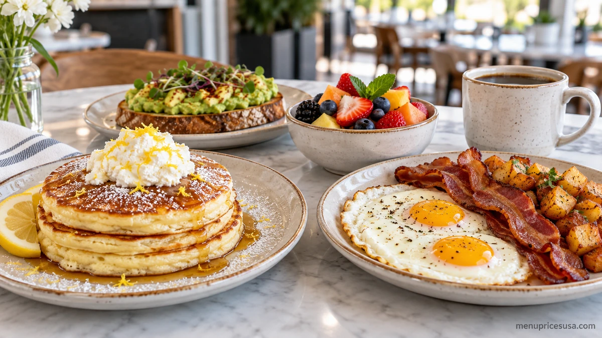 First Watch breakfast menu with pancakes, eggs, avocado toast and coffee