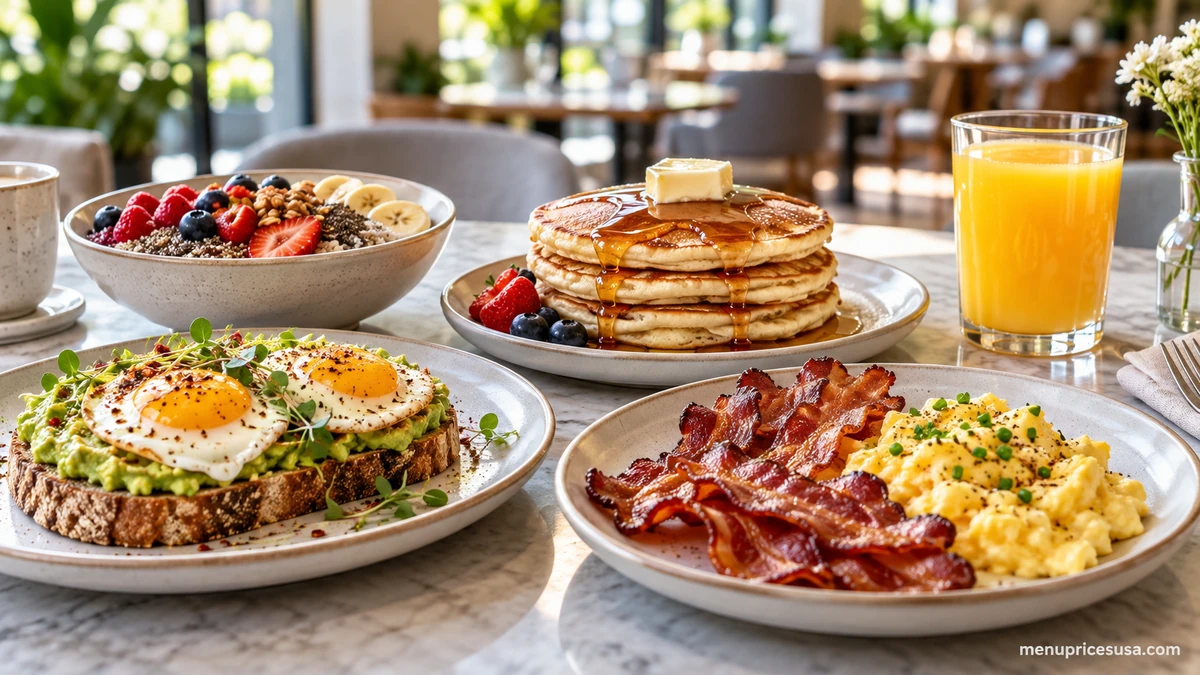 First Watch menu prices 2026 with a breakfast plate, pancakes, avocado toast and coffee