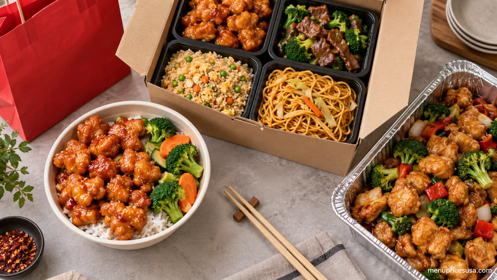 Panda Express brand guide featuring an Orange Chicken bowl, a Family Meal spread and a Catering tray