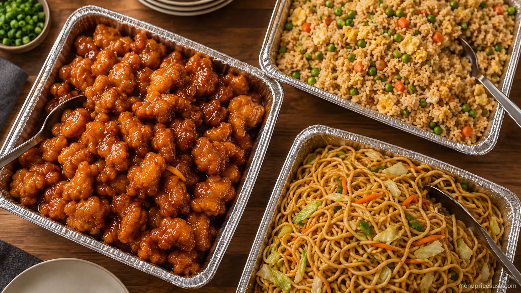 Panda Express catering party trays with Orange Chicken and fried rice for a group
