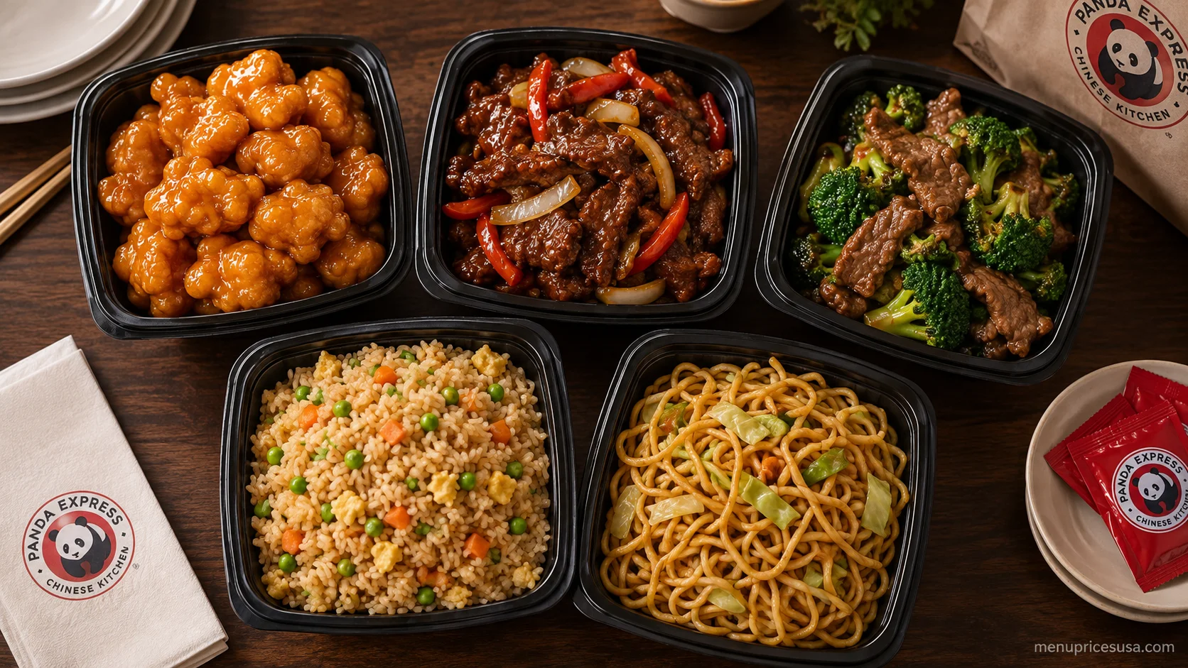 Panda Express 5 Person Family Meal with entrees and sides in a large tray