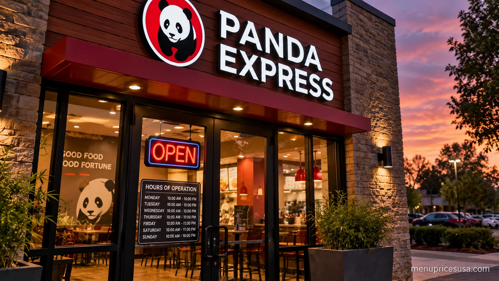 Panda Express storefront hours sign with a clock graphic