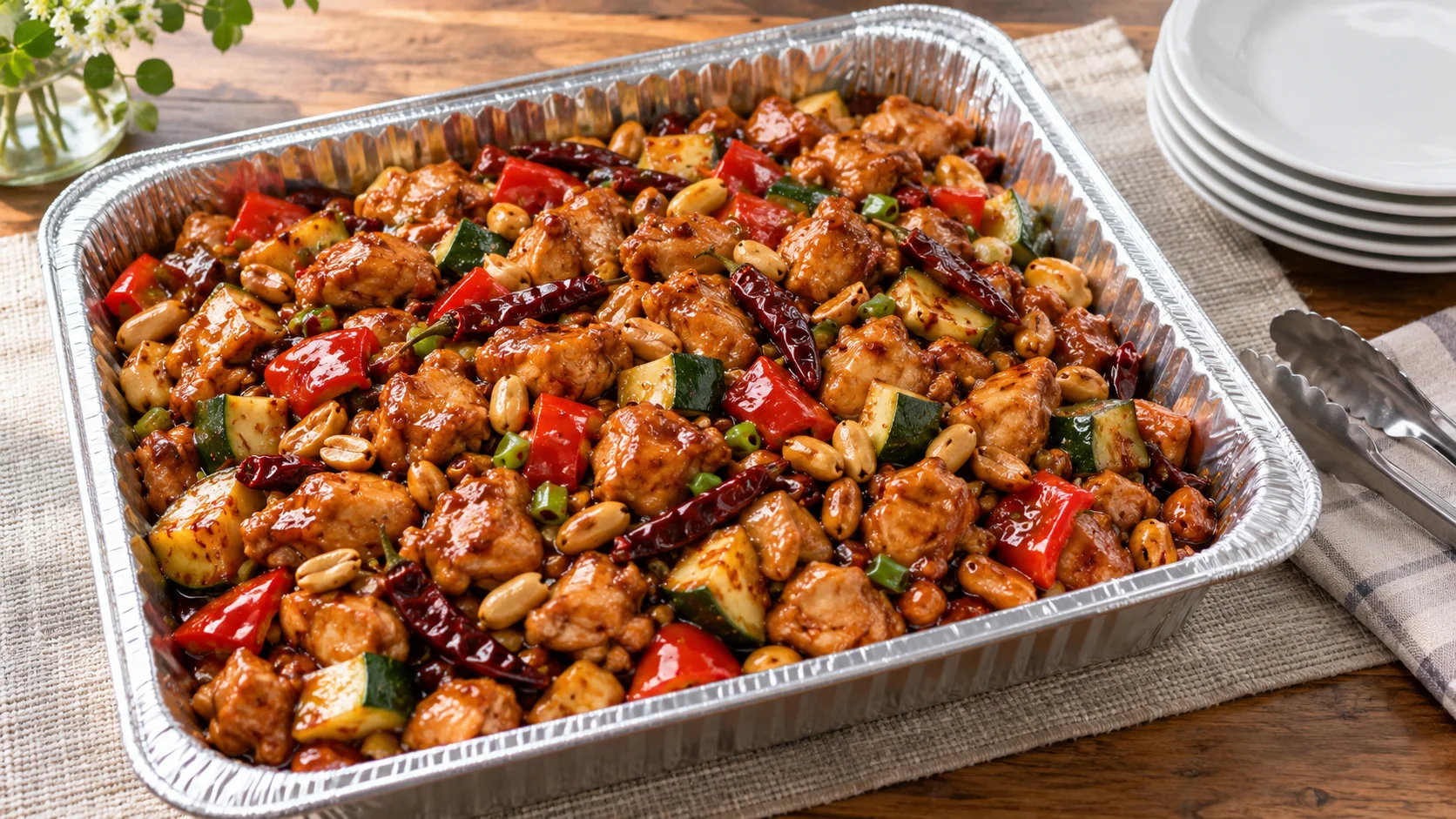 Panda Express Kung Pao Chicken catering tray with peanuts and chili peppers