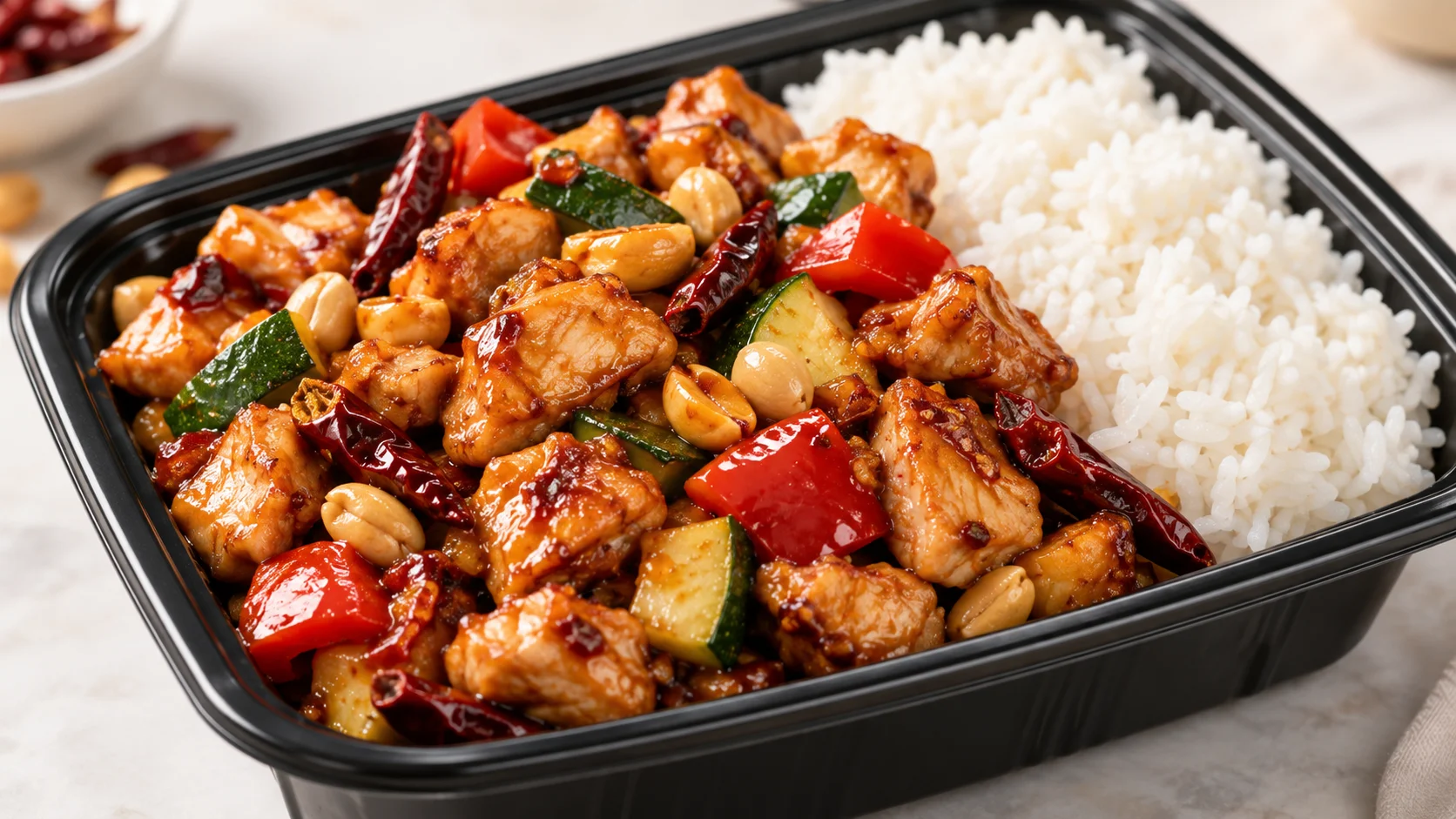 Panda Express Kung Pao Chicken with peanuts, chili peppers and vegetables