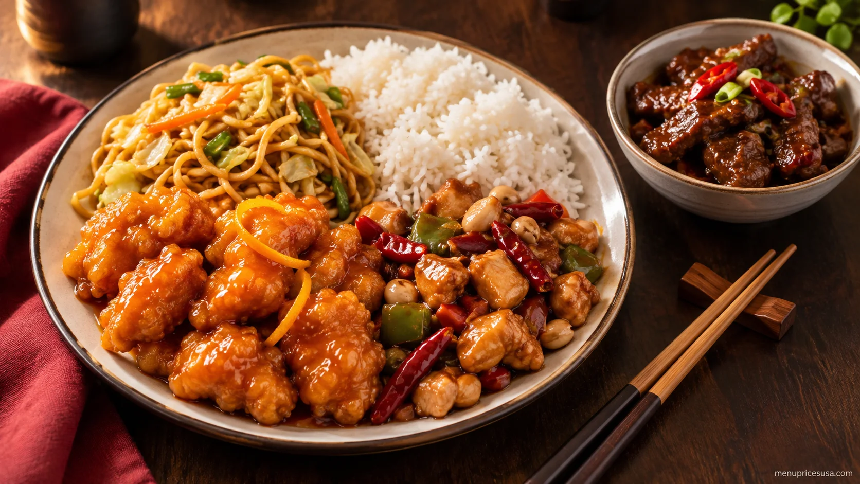 Panda Express menu prices 2026 with an Orange Chicken Bigger Plate, a Bowl and a Family Meal spread