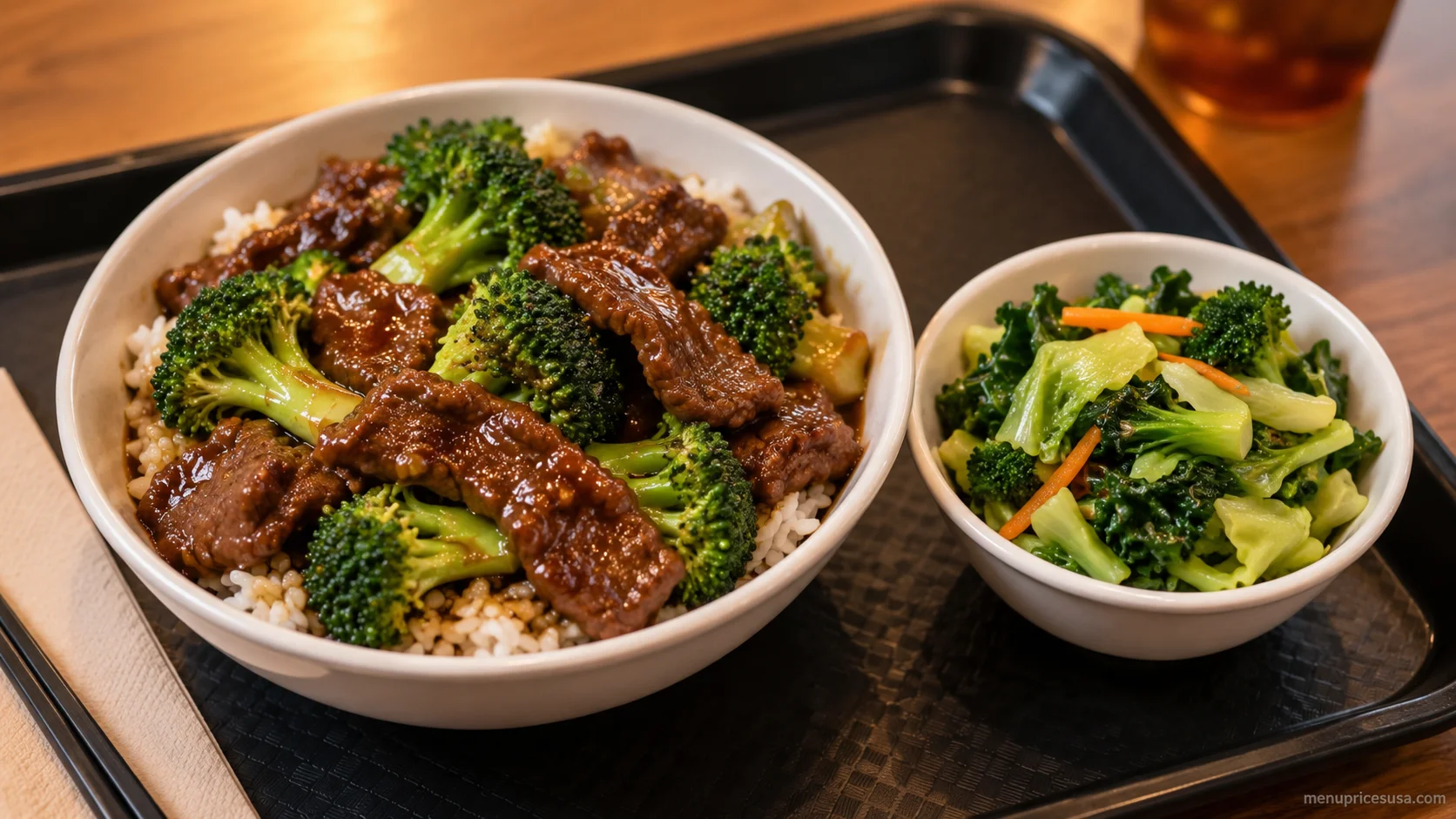 Panda Express Nutrition menu 2026 with a Broccoli Beef bowl and a side of Super Greens