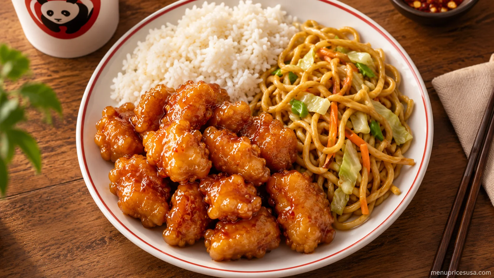 Panda Express Orange Chicken plate with steamed white rice and chow mein