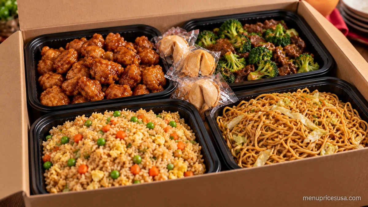 Panda Express catering Party Bundle box with entrees, sides and fortune cookies