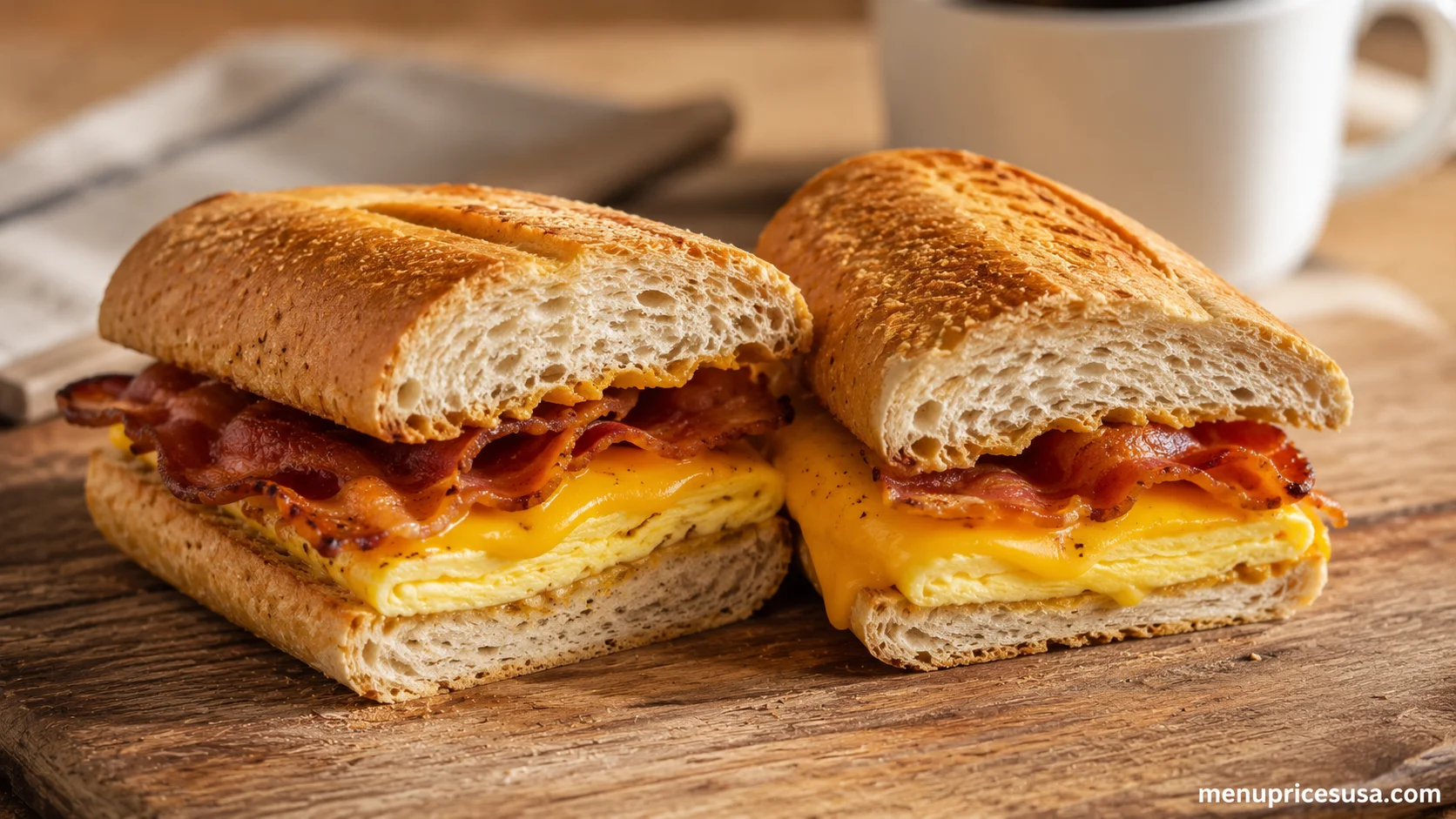Subway Bacon, Egg & Cheese breakfast sandwich on a wood table
