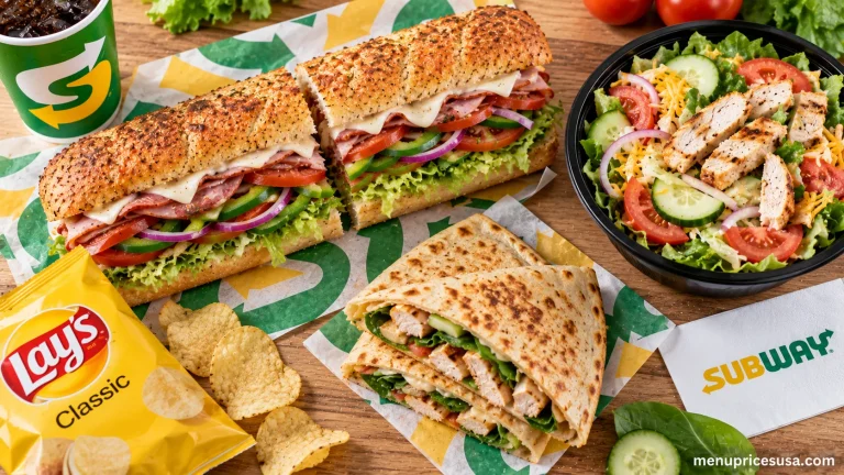 Subway brand guide featuring a Footlong sandwich, a Protein Pocket, a salad bowl and chips