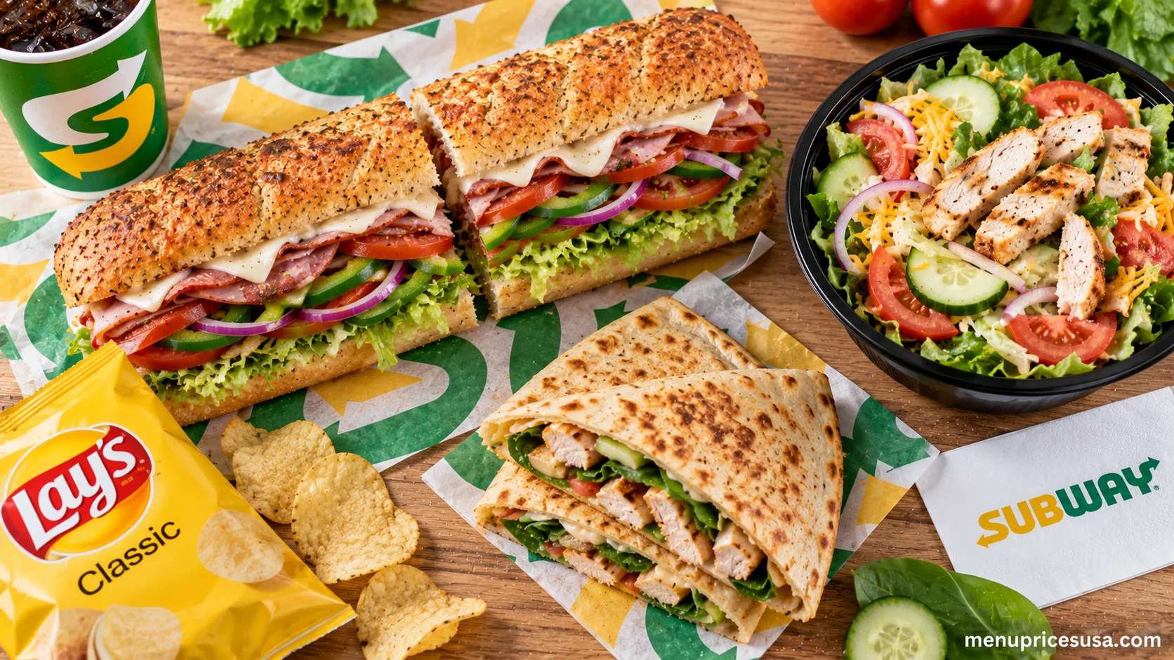 Subway brand guide featuring a Footlong sandwich, a Protein Pocket, a salad bowl and chips