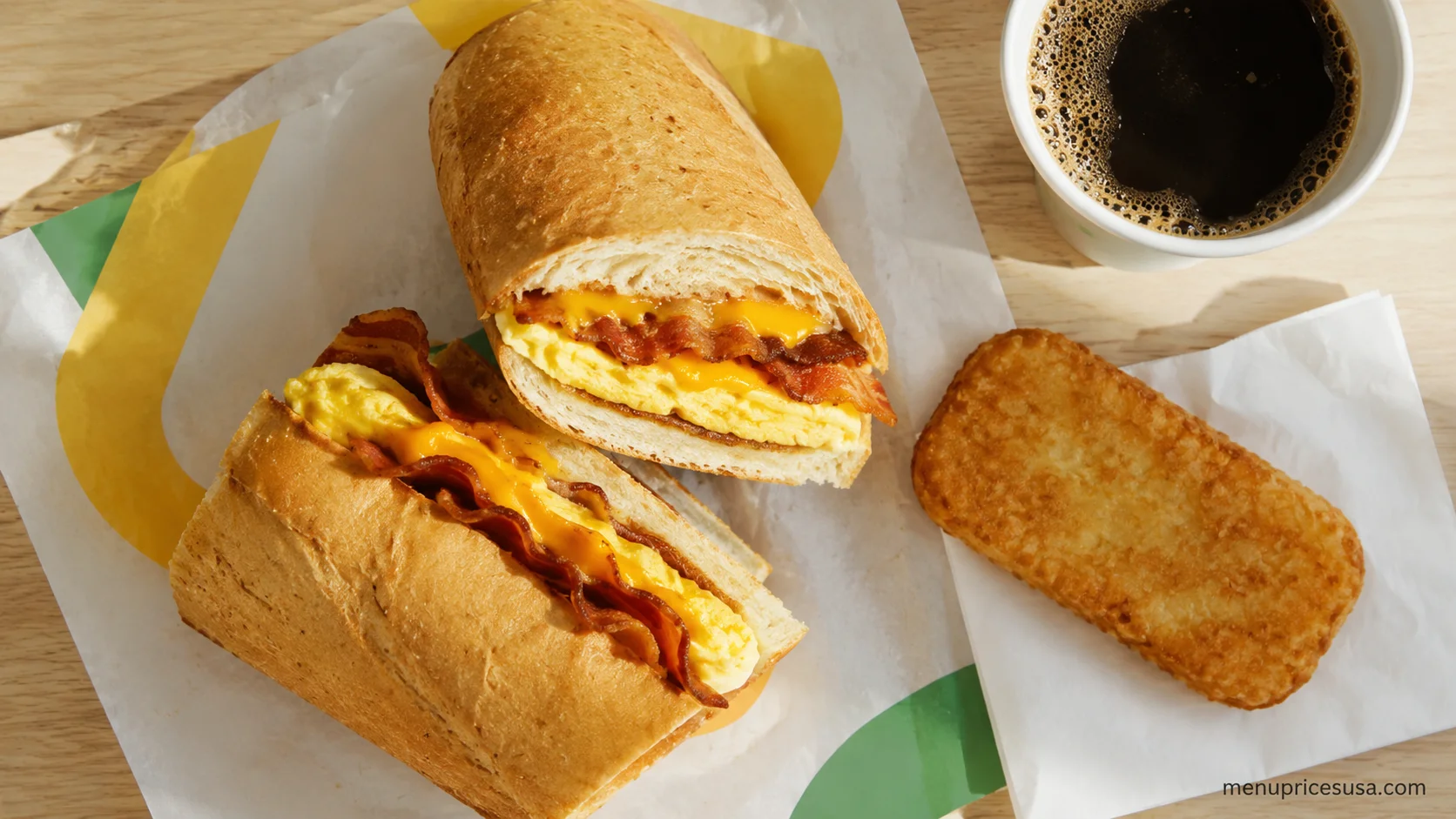 Subway Breakfast menu prices 2026 with a Bacon, Egg & Cheese sandwich on a wood table