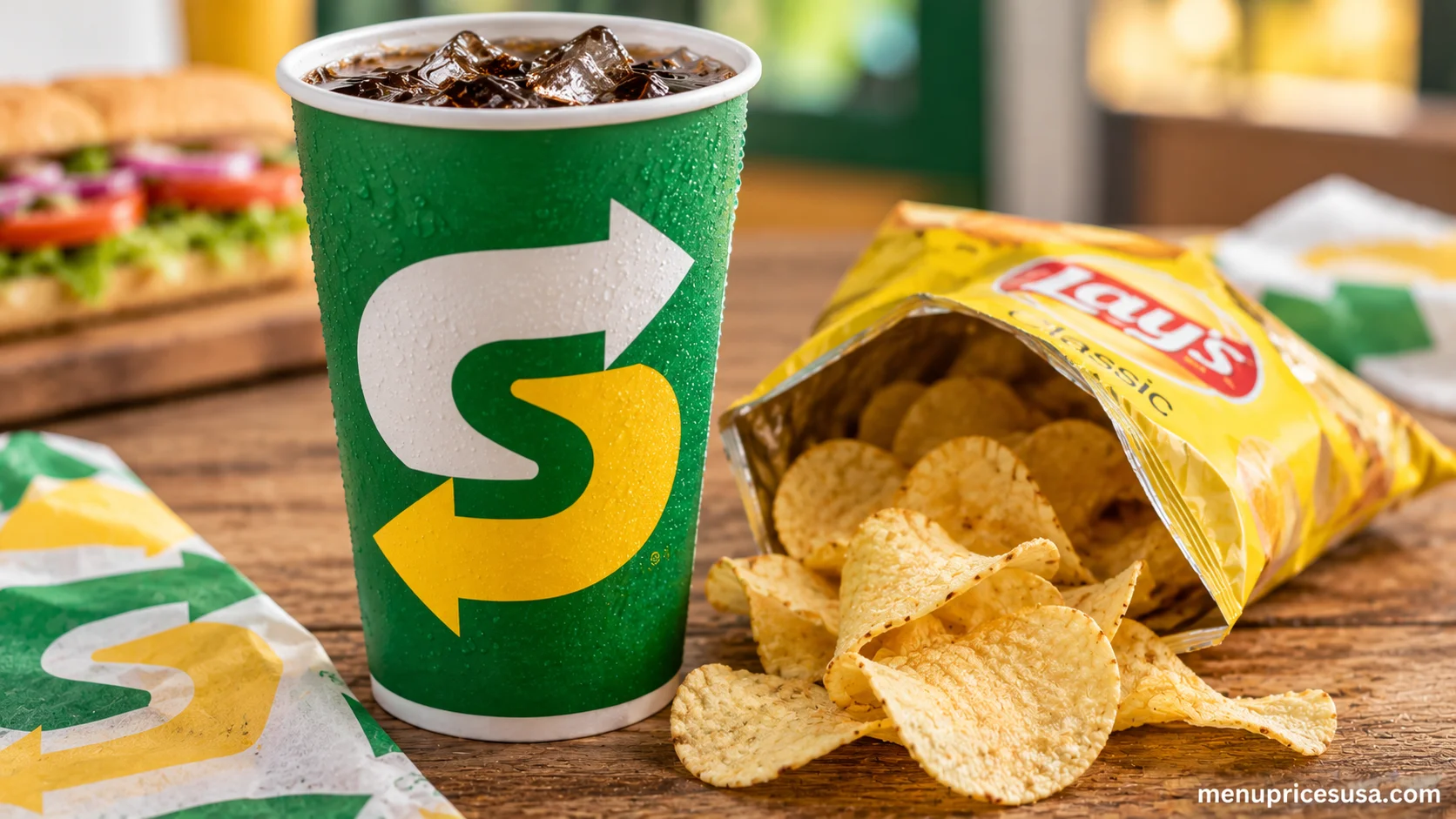 Subway fountain drink and a bag of chips on a wood table