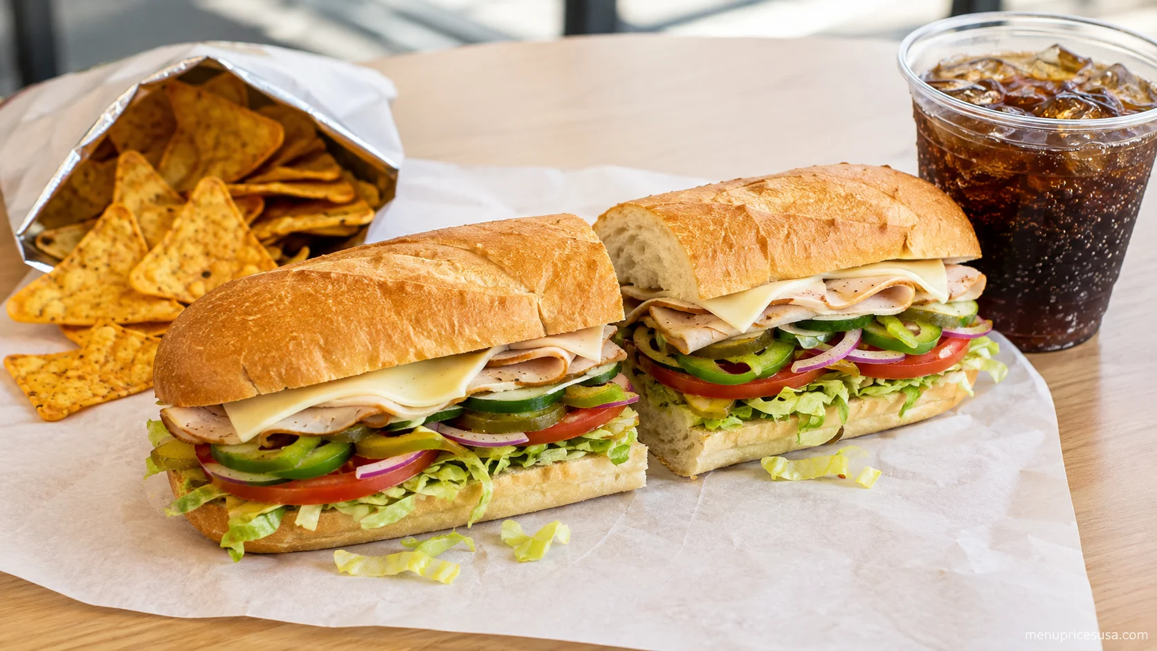 Subway menu prices 2026 with a Footlong Steak Philly, a Fresh Fit salad and a Footlong cookie