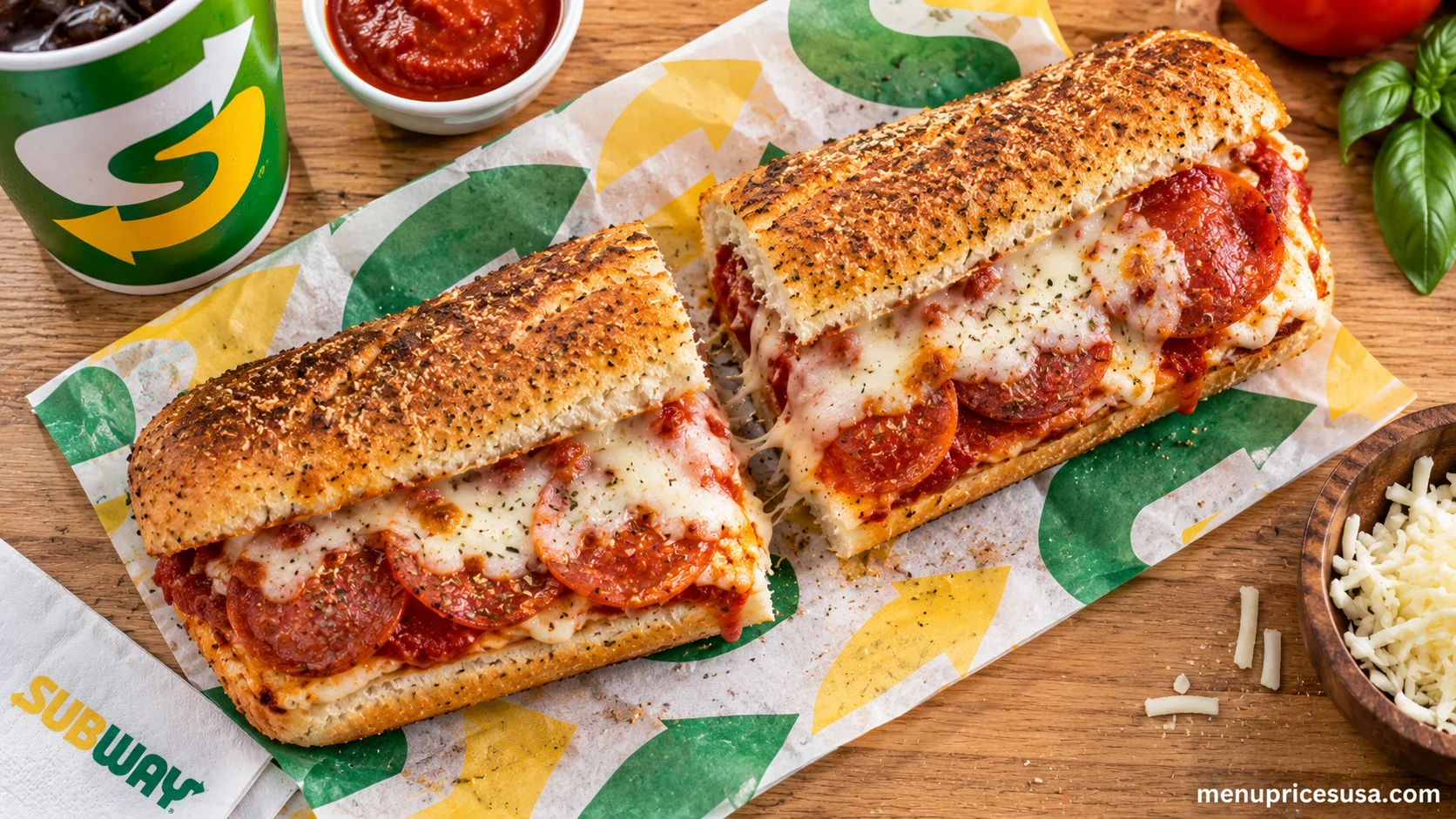 Subway Pizza Sub menu prices 2026 with a toasted pizza sub sandwich on a wood table