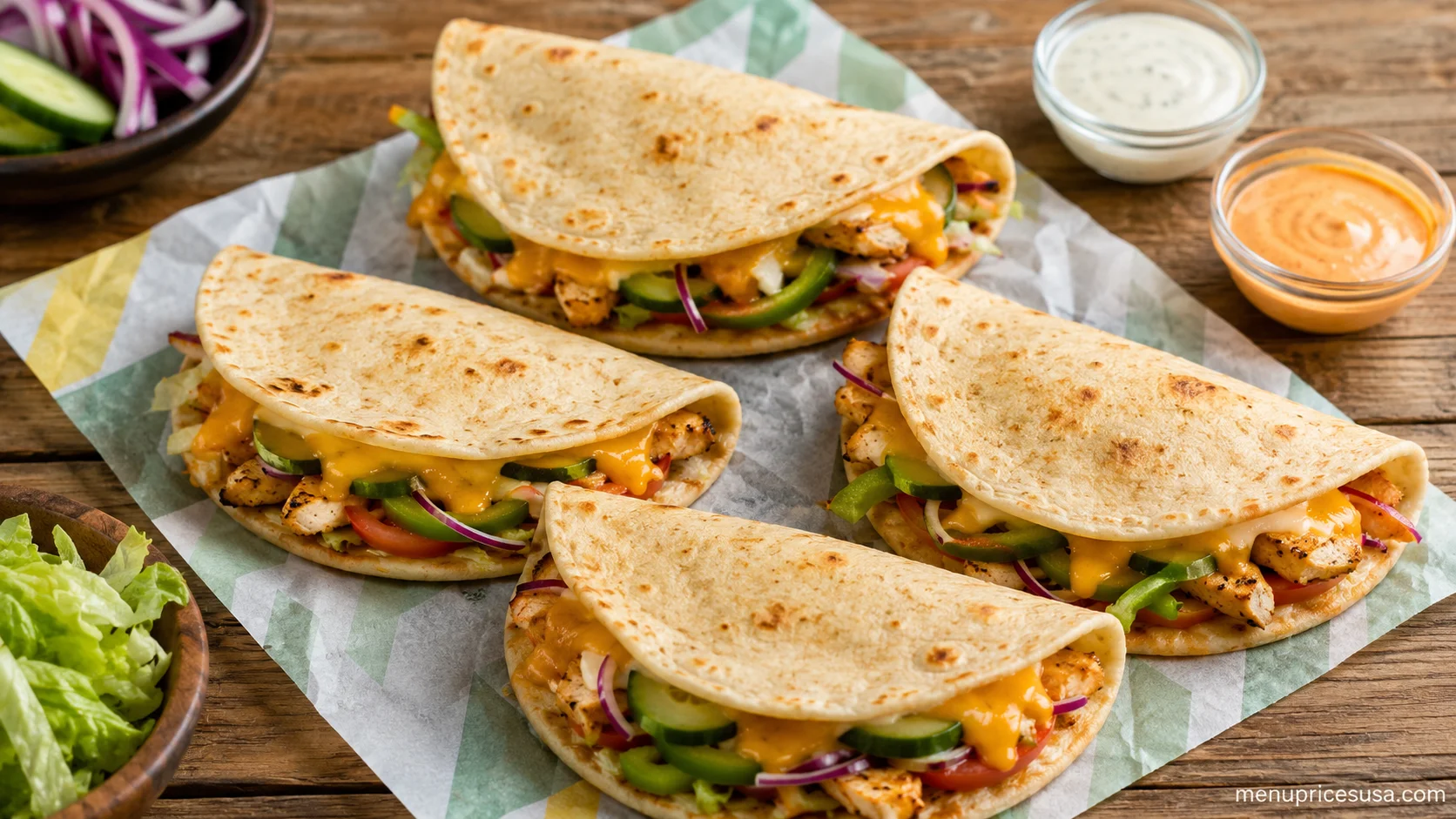 Subway Protein Pockets menu prices 2026 with the four flavors on a wood table