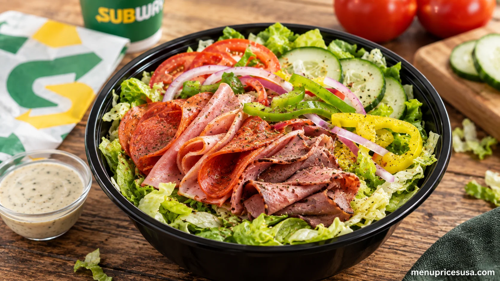 Subway salad bowl with fresh vegetables and B.M.T. filling