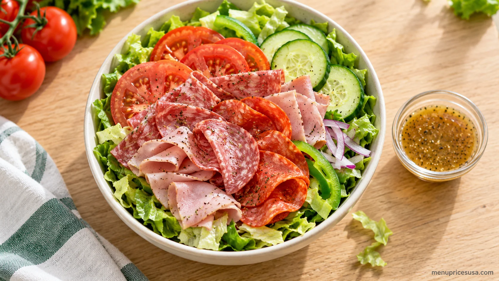 Subway Salads menu prices 2026 with a fresh salad bowl on a wood table