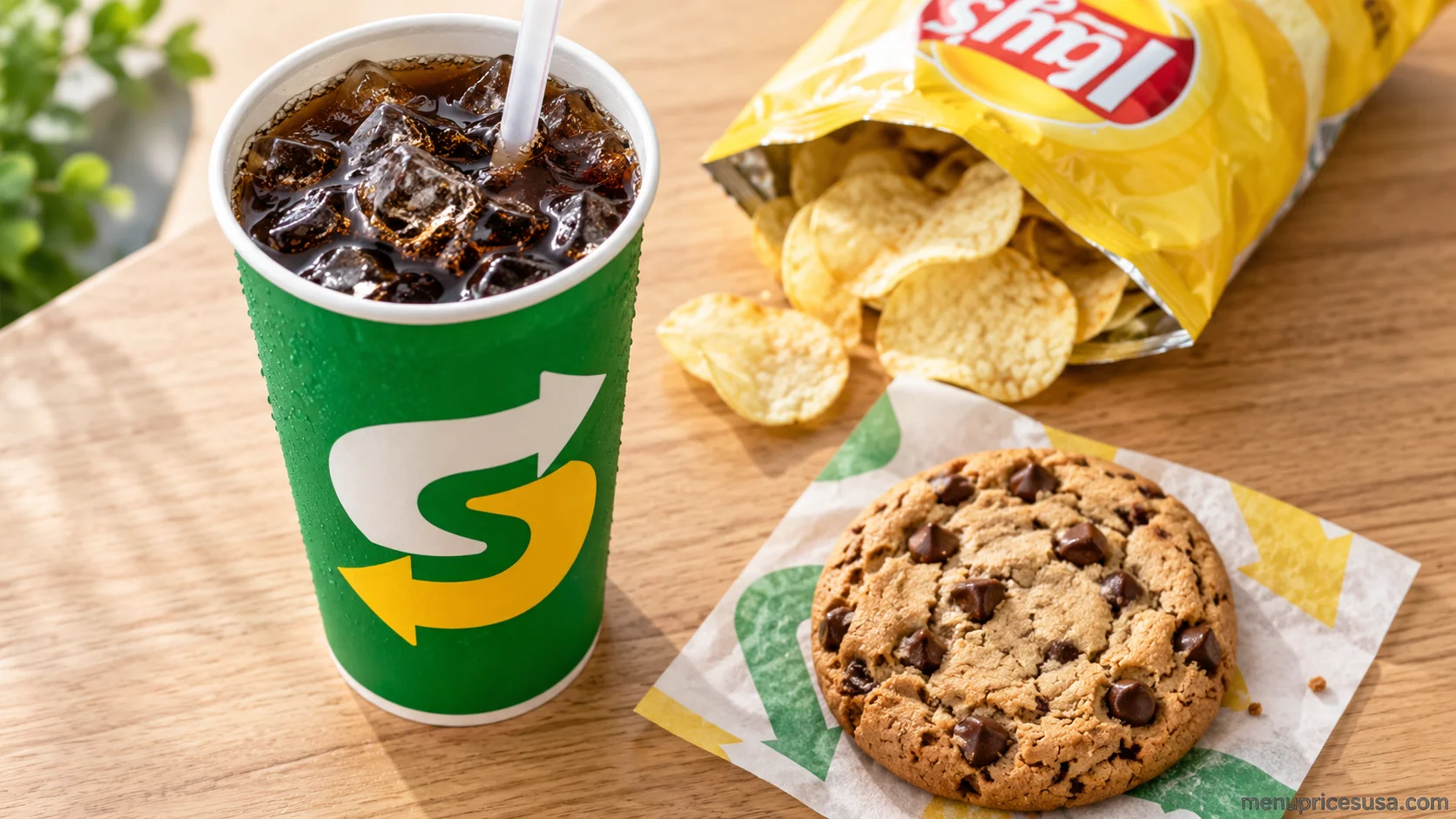 Subway Sides and Drinks menu prices 2026 with chips, a cookie and a fountain drink on a wood table