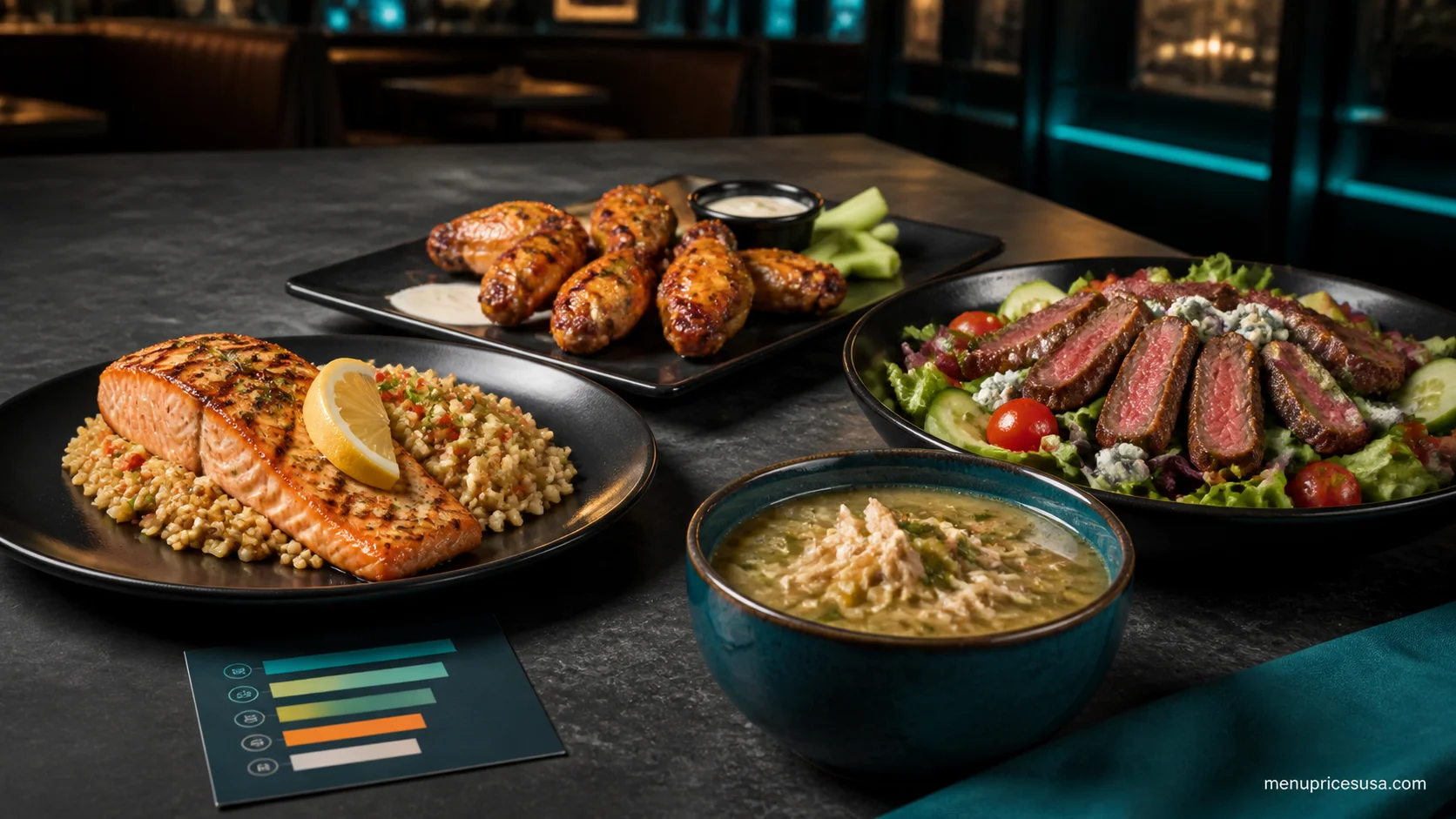 Twin Peaks lower-calorie and higher-protein menu choices including salmon, wings, steak salad and chili
