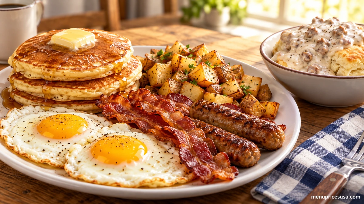 Bob Evans breakfast menu with The Original Farmer's Choice, hotcakes, eggs and sausage gravy and biscuits