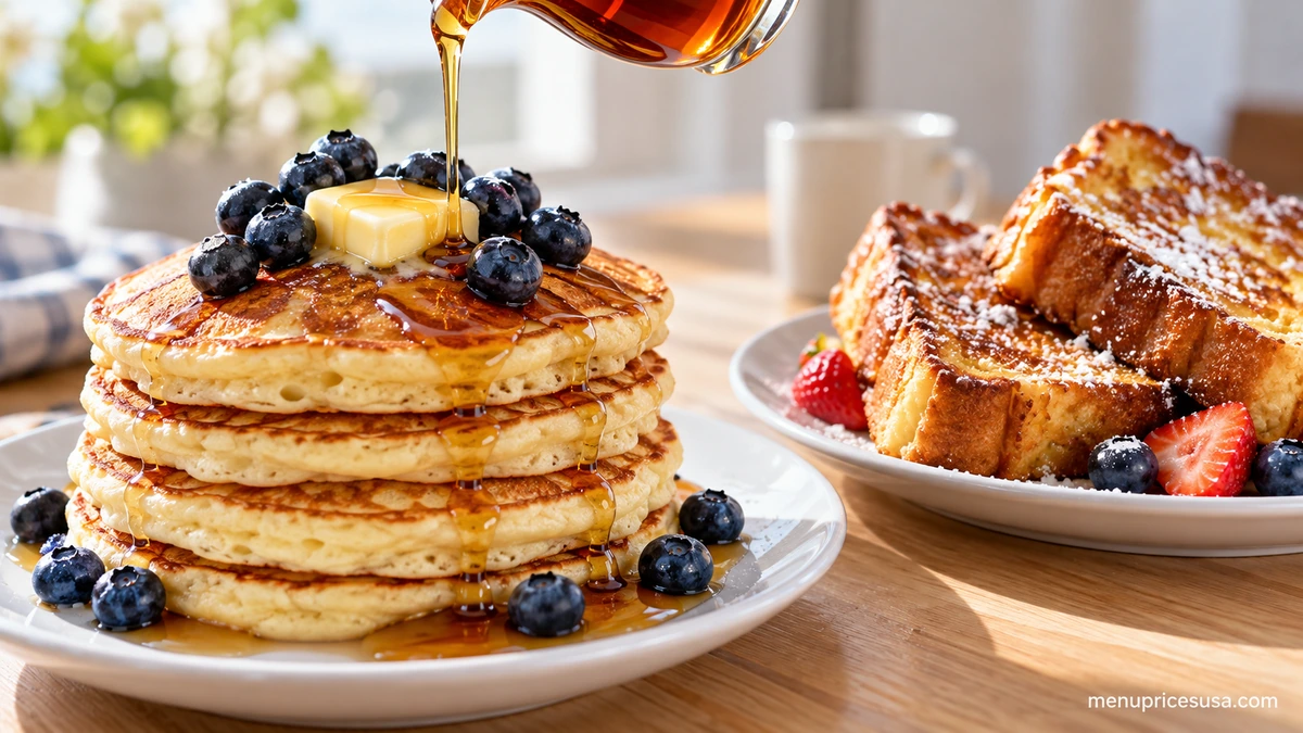 Bob Evans breakfast menu hotcakes and brioche French toast with syrup, berries and butter