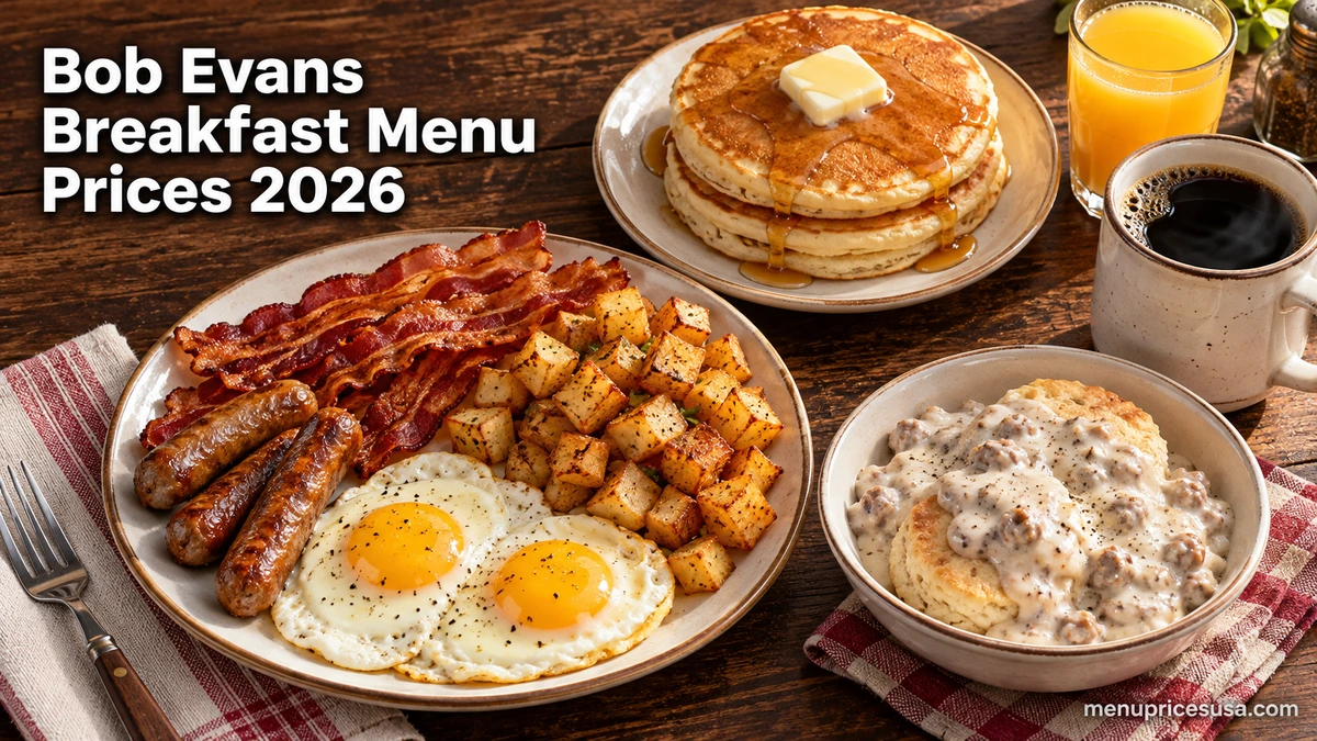 Bob Evans Breakfast Menu Prices 2026 hero image with a Farmer's Choice plate, hotcakes, eggs and sausage gravy and biscuits