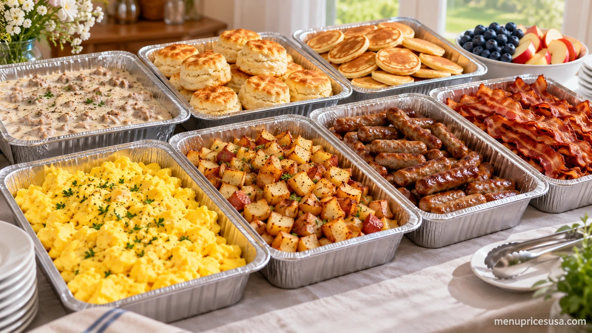 Bob Evans catering menu breakfast spread with trays of scrambled eggs, sausage, bacon, biscuits and hotcakes