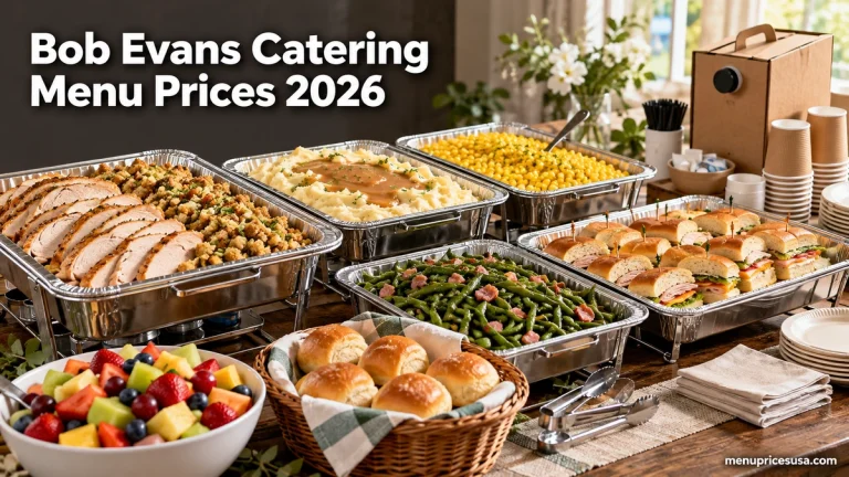 Bob Evans Catering Menu Prices 2026 hero image with catering trays of turkey, mashed potatoes, sandwiches and breakfast