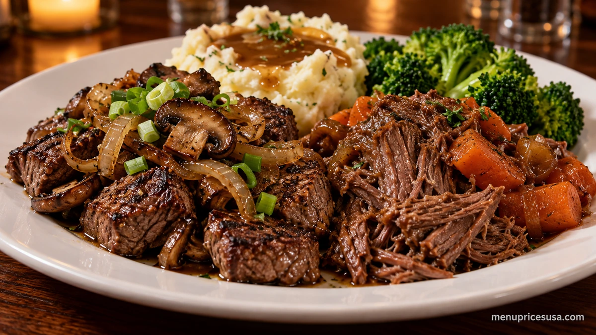 Bob Evans dinner menu plate with fork-tender pot roast, steak tips, mashed potatoes and gravy