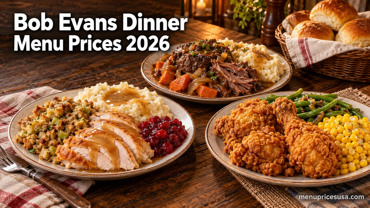 Bob Evans Dinner Menu Prices 2026 hero image with turkey and dressing, pot roast and fried chicken dinners