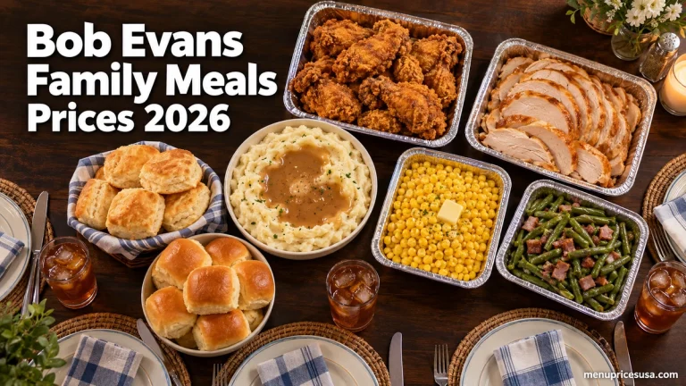 Bob Evans Family Meals Prices 2026 hero image with family-size trays of fried chicken, turkey, mashed potatoes and biscuits