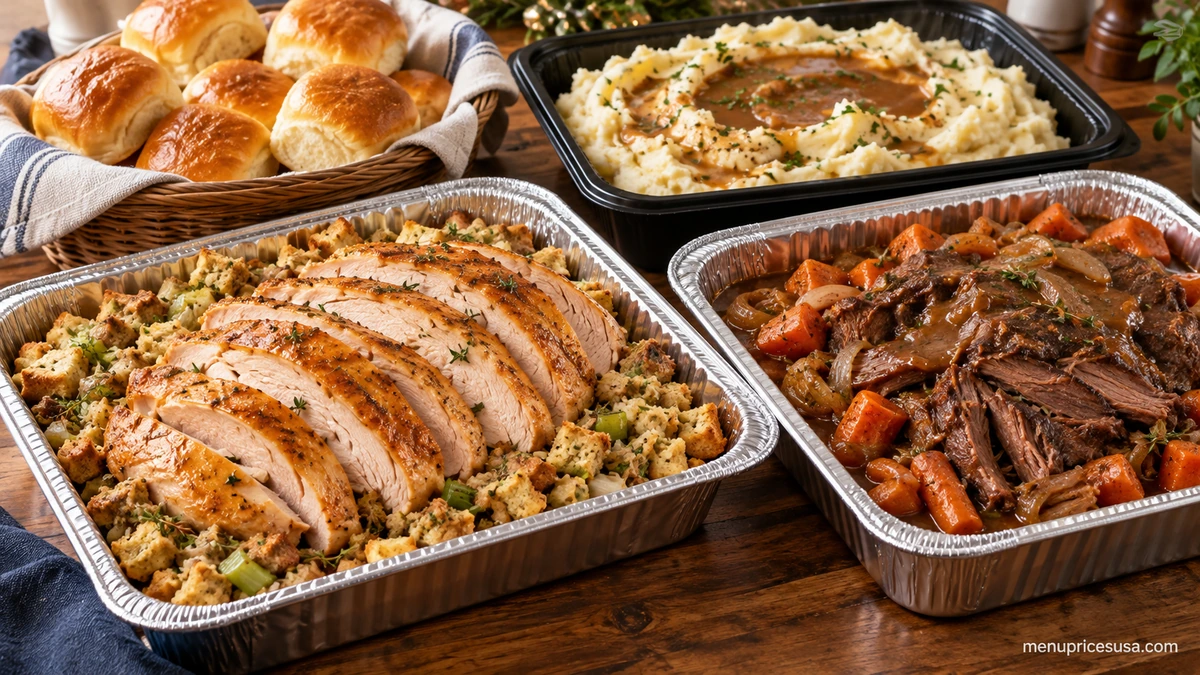 Bob Evans family meals to go with trays of slow-roasted turkey, pot roast, mashed potatoes, green beans and dinner rolls