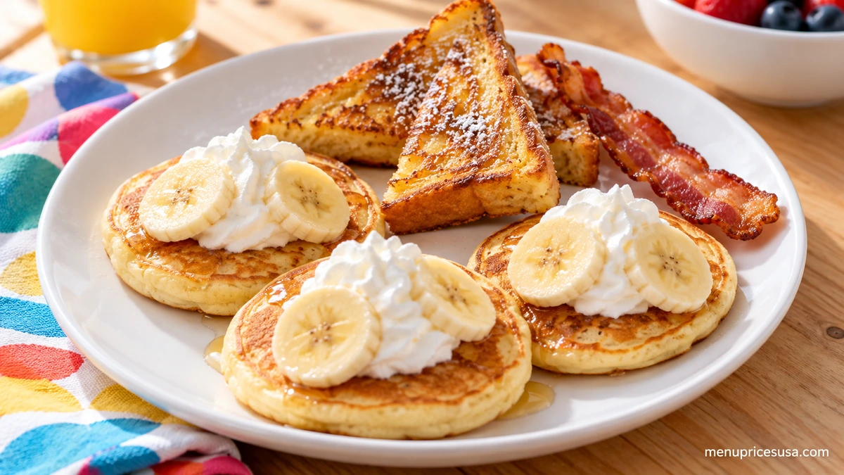 Bob Evans kids menu plates with small pancakes, chicken tenders and macaroni and cheese