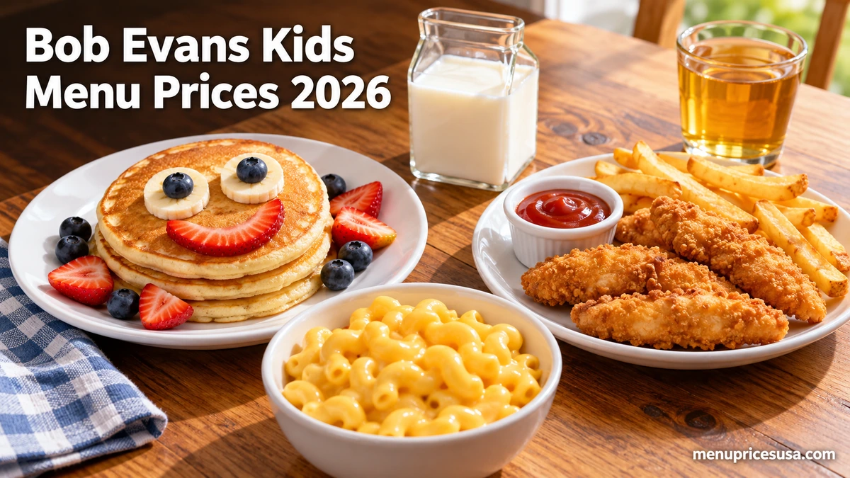 Bob Evans Kids Menu Prices 2026 hero image with kids' pancakes, chicken tenders and macaroni and cheese