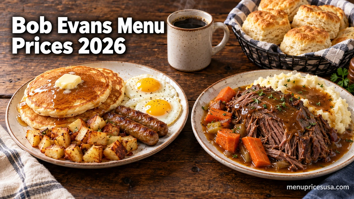 Bob Evans Menu Prices 2026 hero image with a Farmer's Choice breakfast, pot roast dinner and biscuits