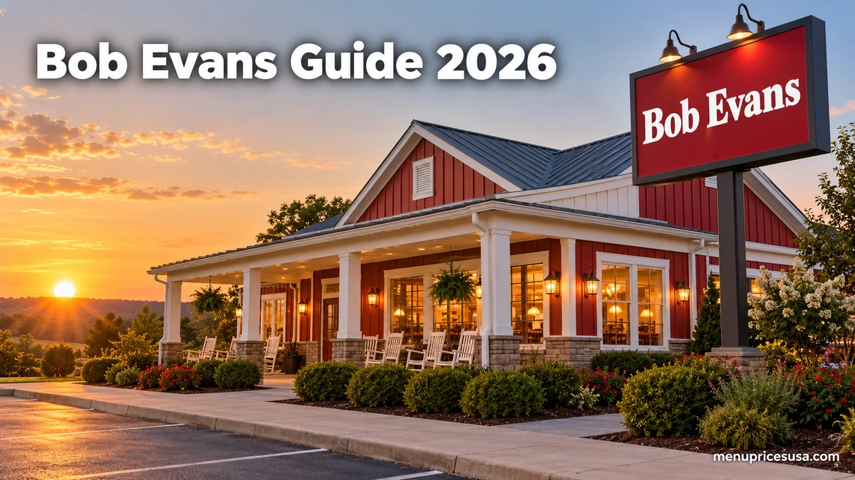 Bob Evans restaurant guide 2026 hero image with a farmhouse breakfast, homestyle dinner and fresh biscuits