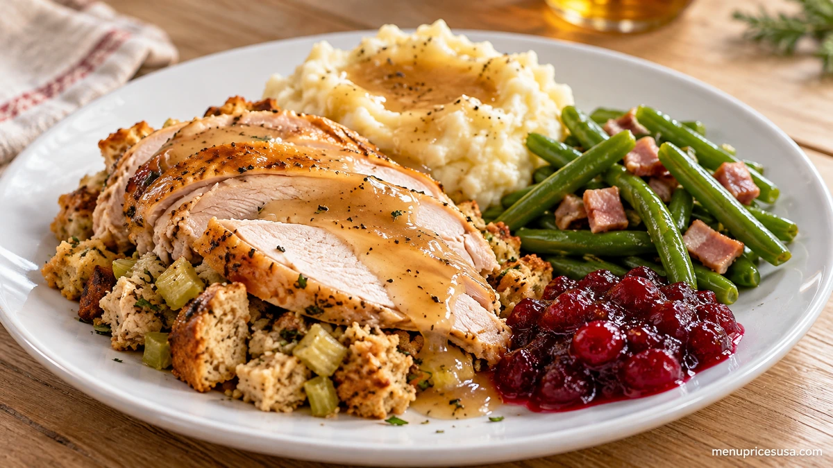 Bob Evans senior menu option: a smaller-portion Dinner Bell Plate of turkey and dressing with mashed potatoes and green beans