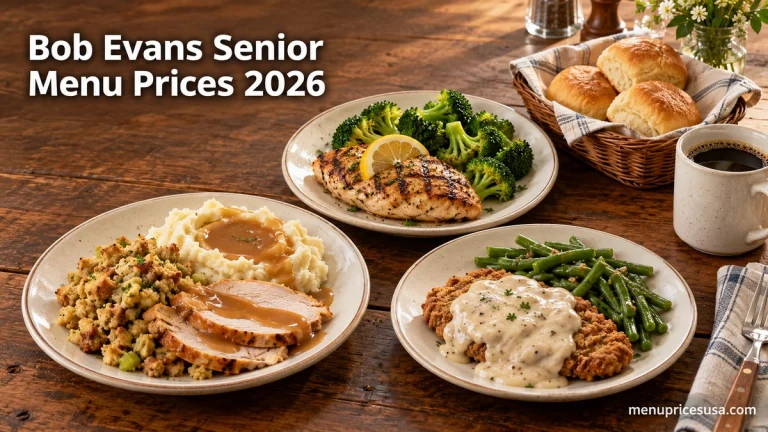 Bob Evans Senior Menu Prices 2026 hero image with smaller-portion dinner plates of turkey, chicken and country-fried steak