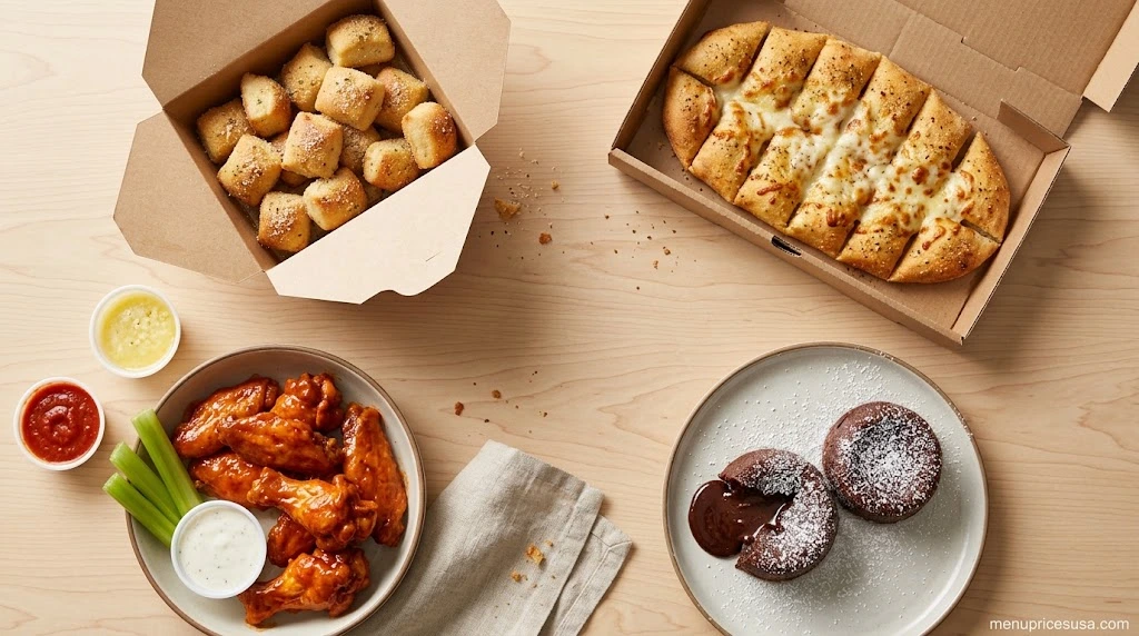 Garlic bread bites, stuffed cheesy bread, buffalo wings with ranch and chocolate lava cakes on a wooden table