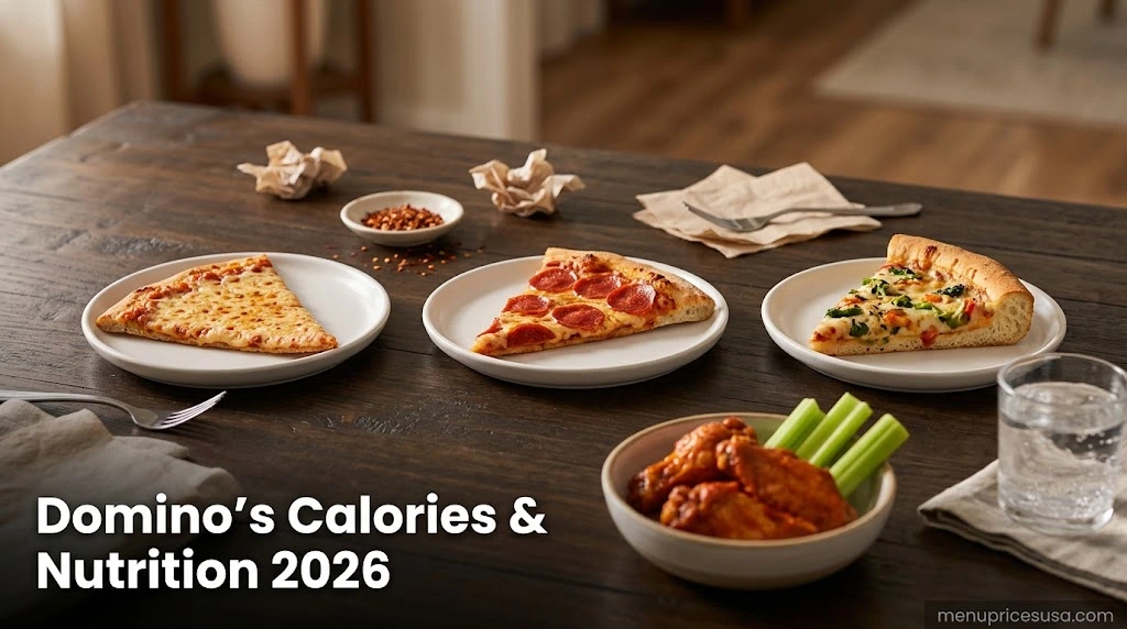 Domino's Calories & Nutrition 2026 hero image with pizza slices on different crusts and a side of wings