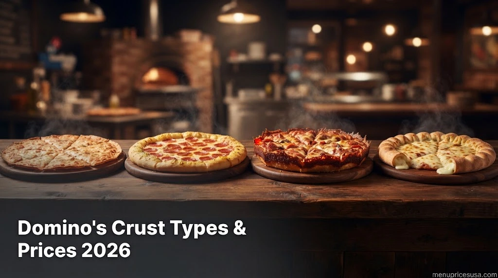 Domino's Crust Types & Prices 2026 hero image with pizzas on thin, hand-tossed, pan and stuffed crusts
