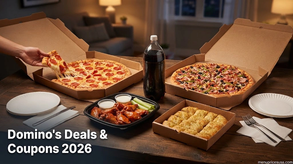 Domino's Deals & Coupons 2026 hero image with pizzas, wings and bread bites on a table