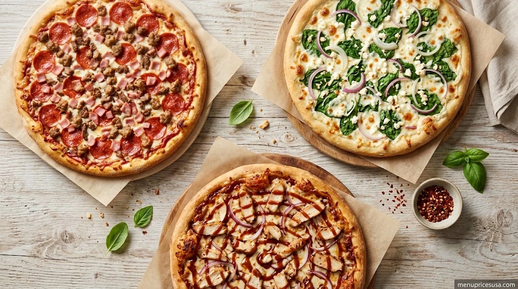 A meat-loaded specialty pizza next to a spinach and feta veggie pizza and a BBQ chicken pizza on a wooden table