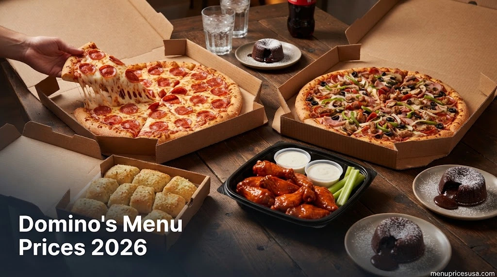 Domino's Menu Prices 2026 hero image with a pepperoni pizza, a specialty pizza, bread bites and wings on a table