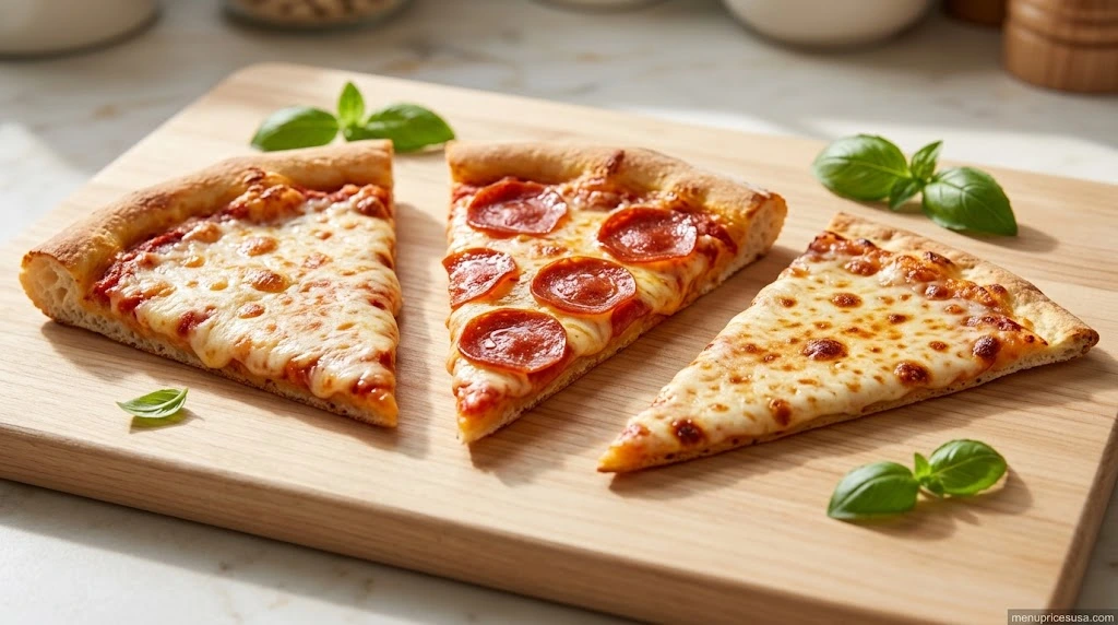 A slice of cheese pizza and a slice of pepperoni pizza on plates next to a thin-crust slice for comparison