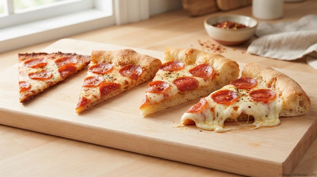 Four pizza slices side by side showing a thin crust, a hand-tossed crust, a thick pan crust and a cheese-stuffed crust