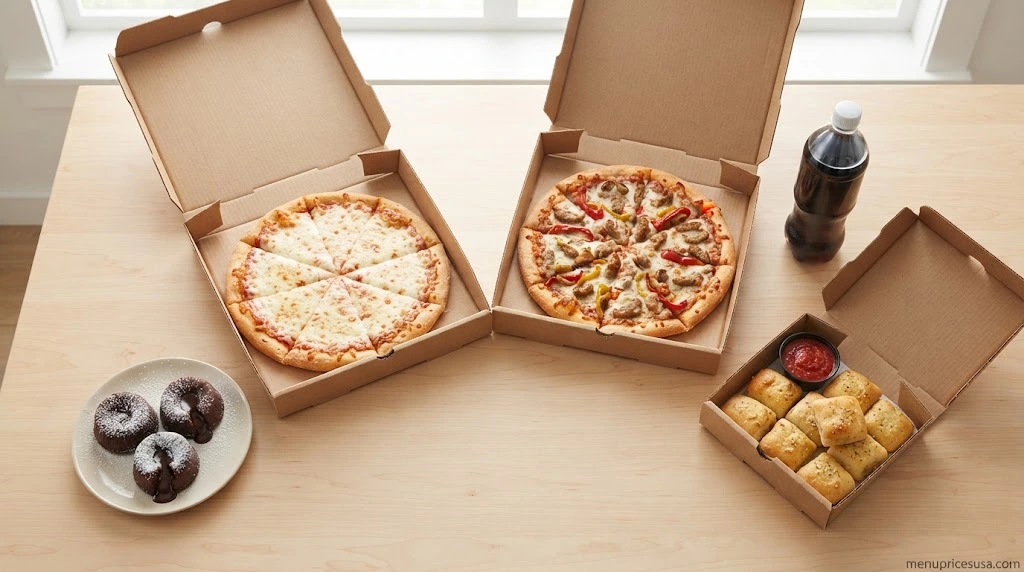 Two pizzas, a box of bread bites, a bottle of soda and lava cakes laid out on a table for a pizza deal night
