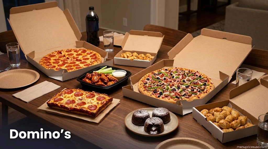 Domino's pizza guide 2026 hero image with pizzas, wings and sides on a table